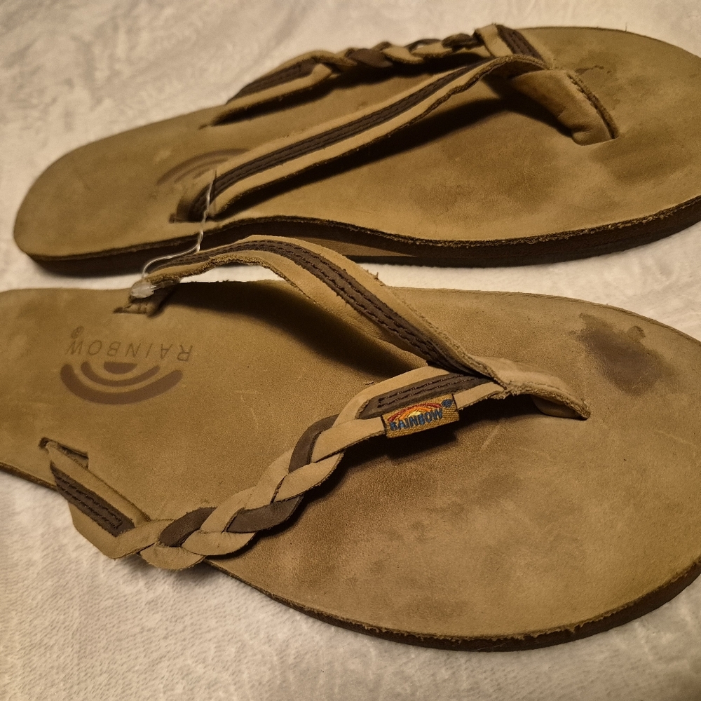Rainbow Sandals Tan and Brown Braided Leather Flip-Flops Flirty Braidy